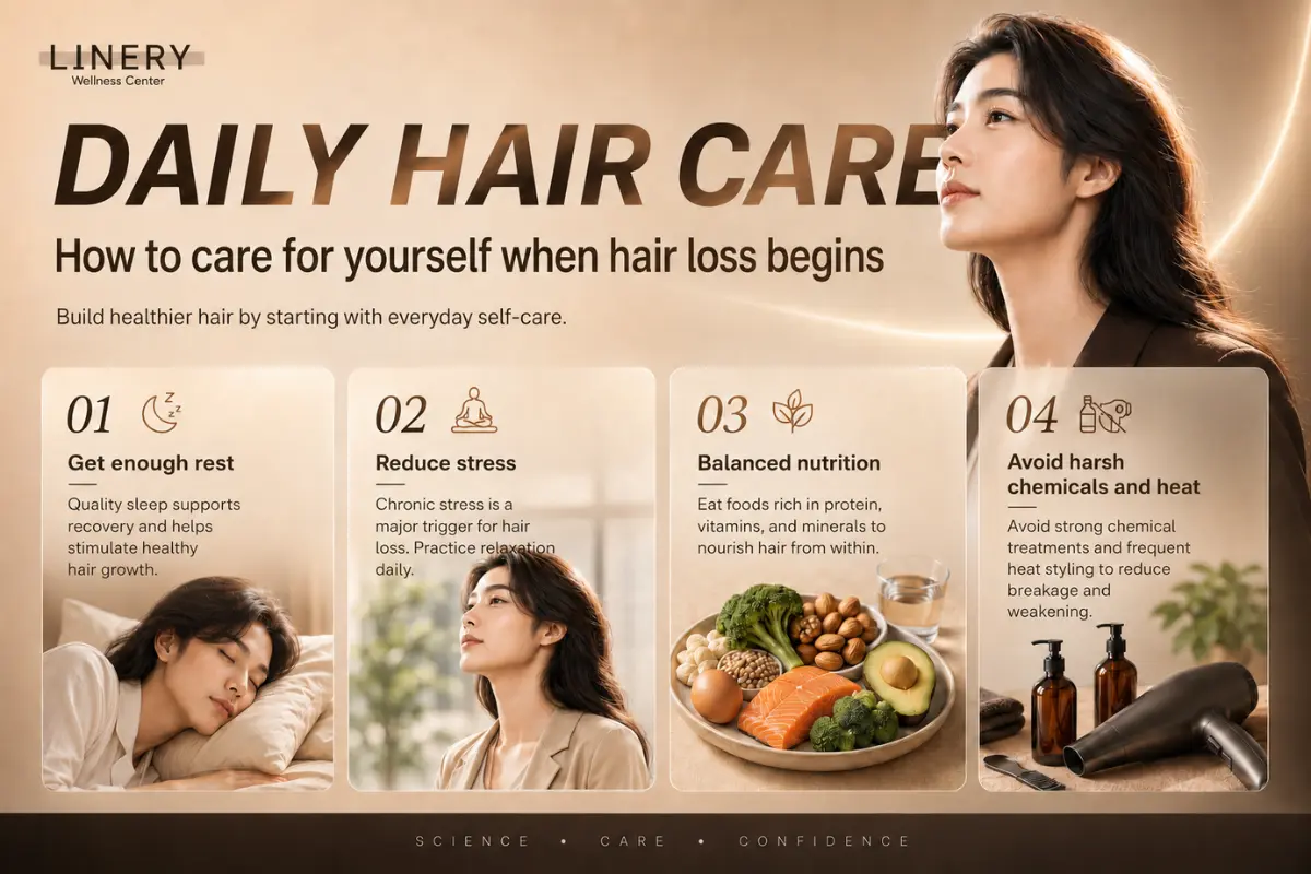 Daily hair care tips for early hair loss, including rest, stress management, nutrition, and gentle styling