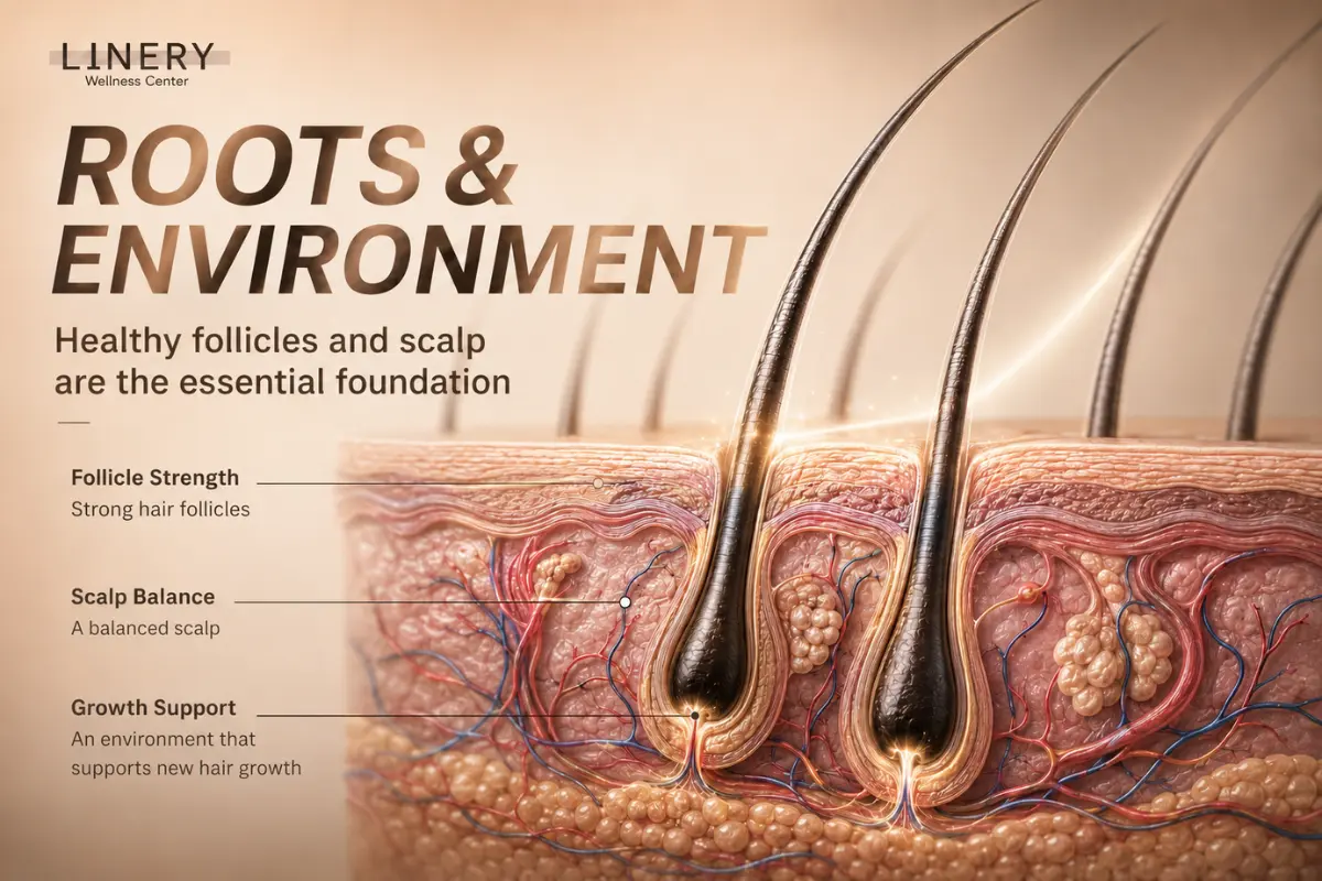 Cross-section of hair follicles and the scalp environment showing follicle strength, scalp balance, and growth support
