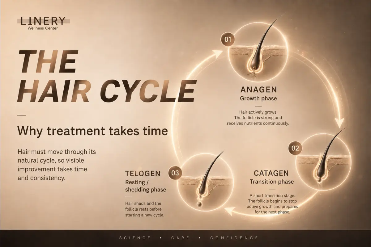 Hair growth cycle showing the anagen, catagen, and telogen phases