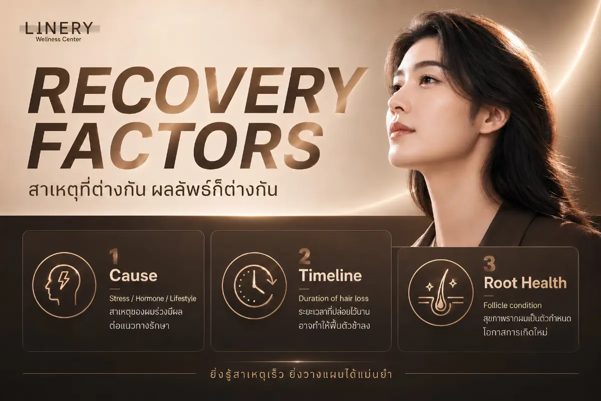 ปัจจัยที่มีผลต่อการฟื้นตัวของเส้นผม ได้แก่ สาเหตุ ระยะเวลา และสุขภาพรากผม