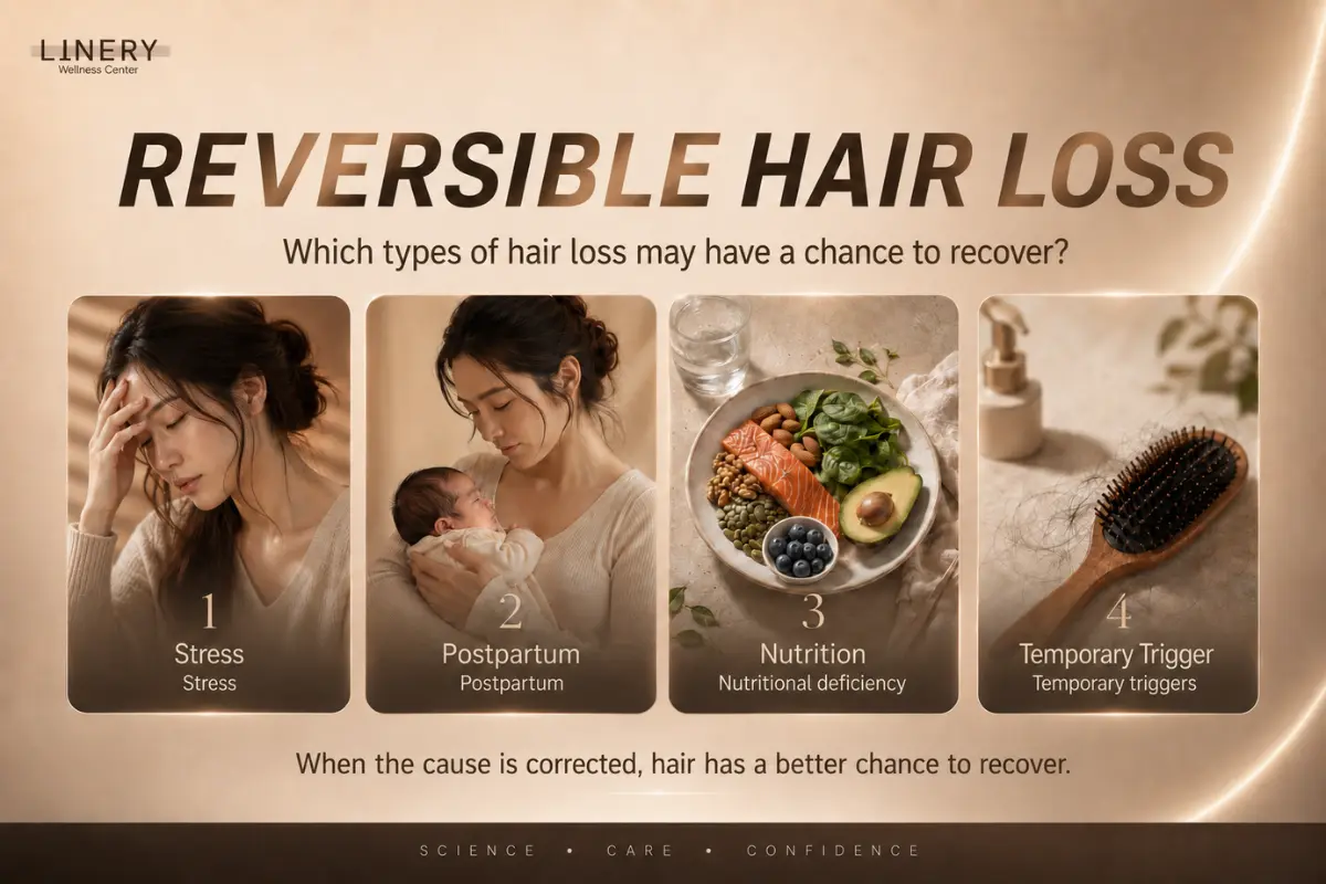 Types of potentially reversible hair loss related to stress, postpartum changes, nutrition, and temporary triggers
