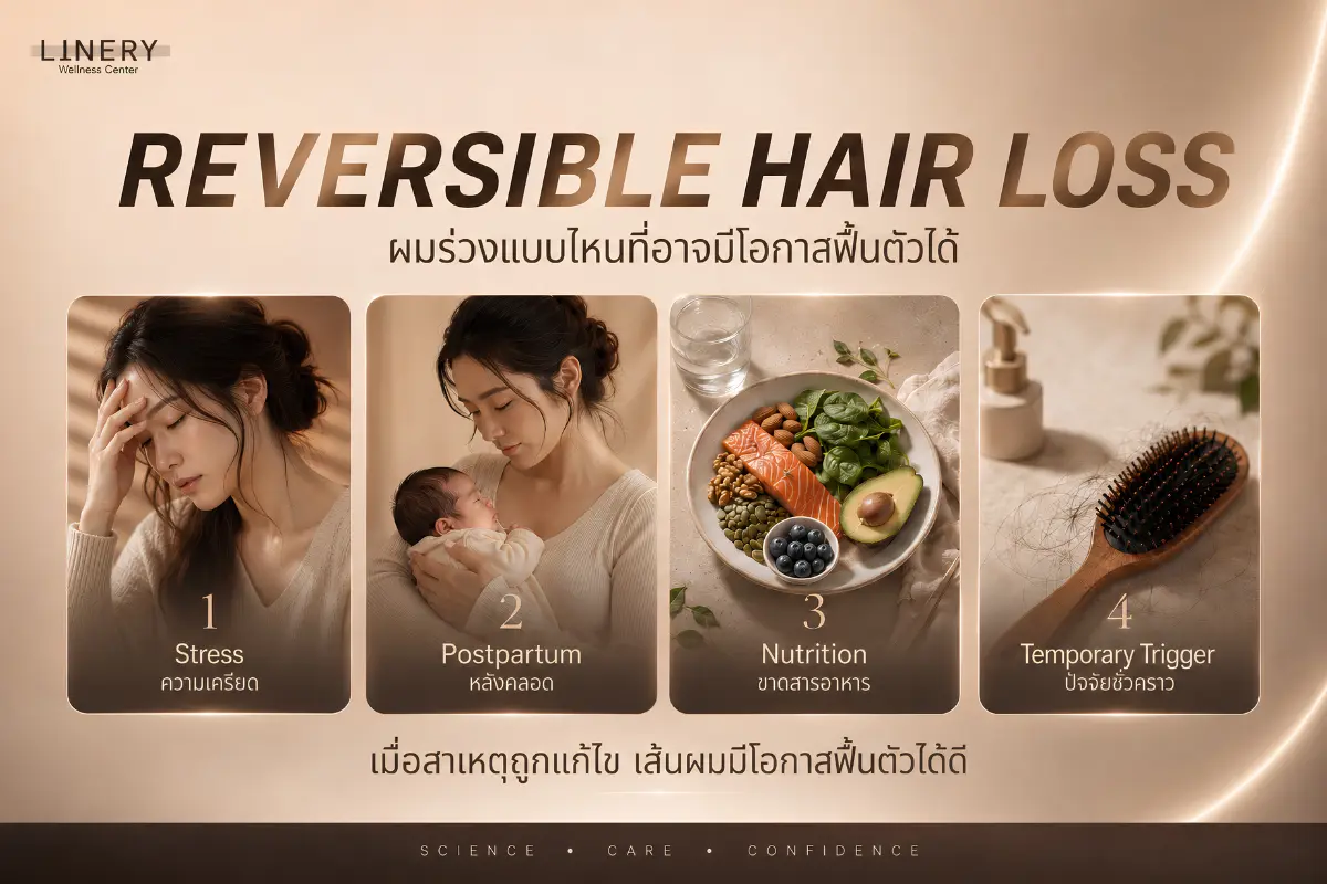 ผมร่วงที่อาจฟื้นตัวได้จากความเครียด หลังคลอด ขาดสารอาหาร และปัจจัยชั่วคราว