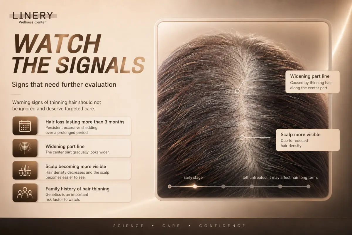 Signs of hair loss that may need further evaluation, including a widening part and increased scalp visibility