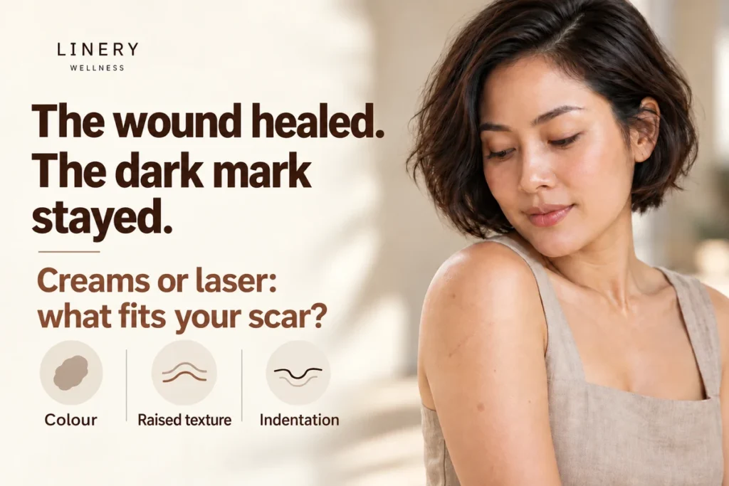 Illustration of a woman looking at healed marks on her upper arm, with topics on colour, raised texture and indentation.