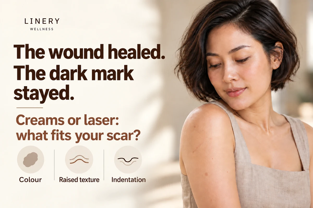 Illustration of a woman looking at healed marks on her upper arm, with topics on colour, raised texture and indentation.